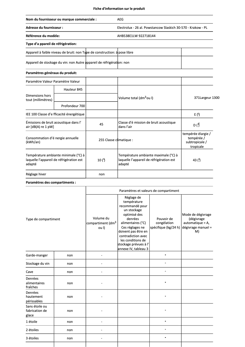 Página 1 del manual Ficha técnica Electrolux AHB538E1LW