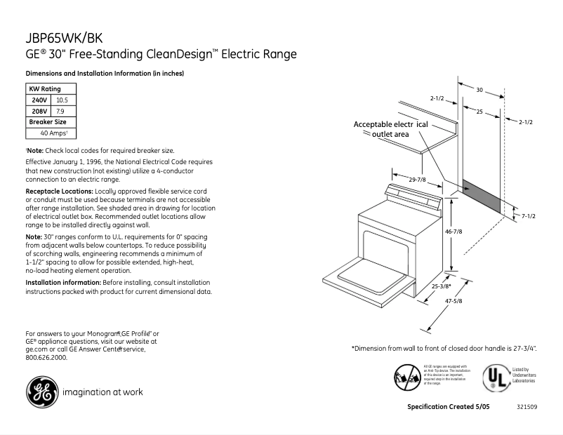Página 1 del manual Ficha técnica GE JBP65WKWW