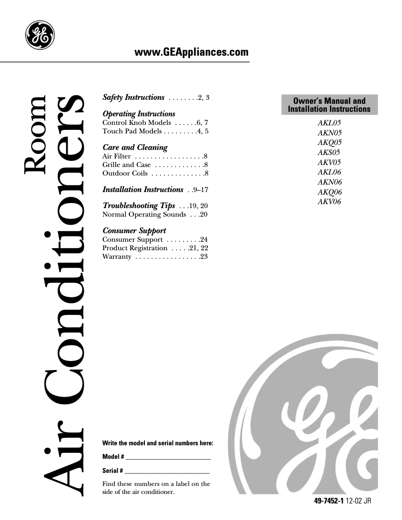 Page 1 de la notice Manuel d'utilisation et d'entretien GE AKL06LA