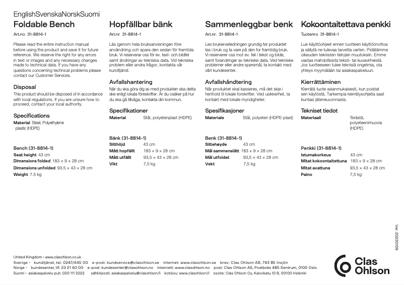 Page 1 de la notice Manuel utilisateur Clas Ohlson 31-8814-1