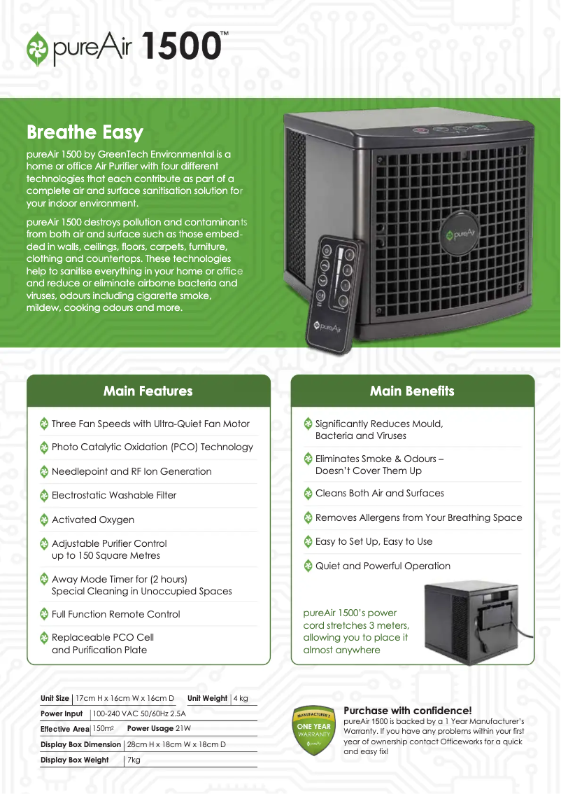 Page 1 of the manual Technical Sheet Greentec 1500