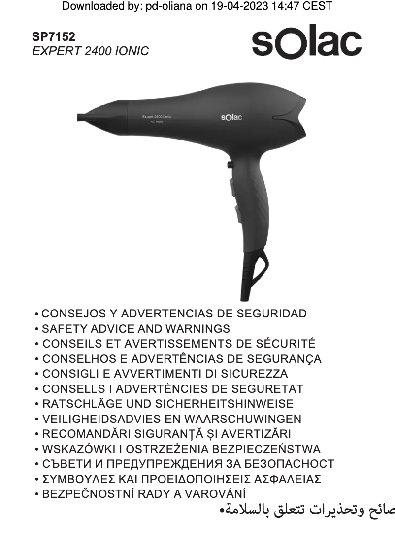 Page 1 de la notice Manuel utilisateur Solac Expert 2400 Ionic SP7152