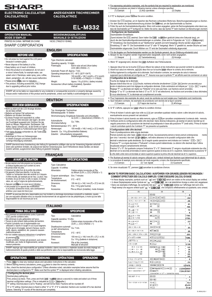Página 1 del manual Manual de usuario Sharp EL-M332