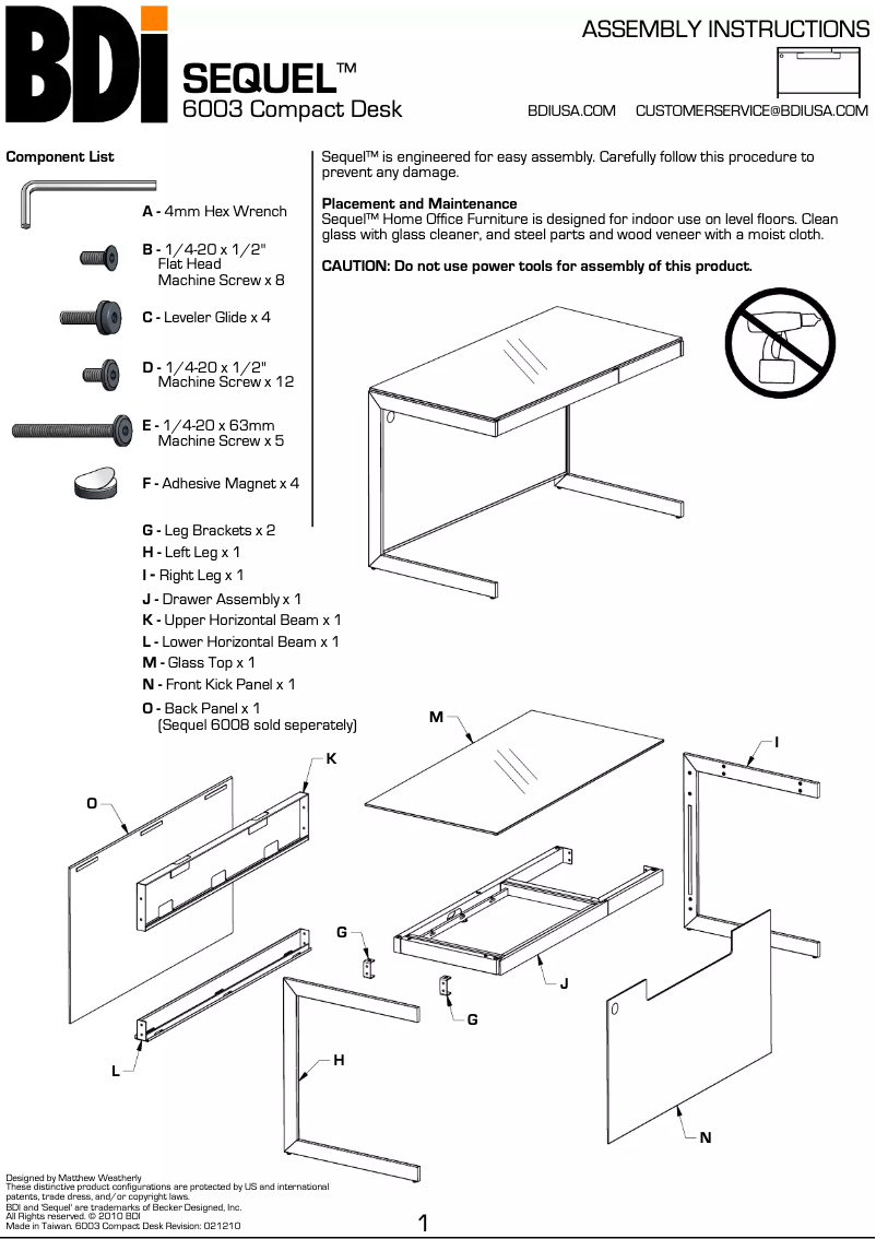 Page 1 de la notice Instructions / montage BDI Sequel 6003