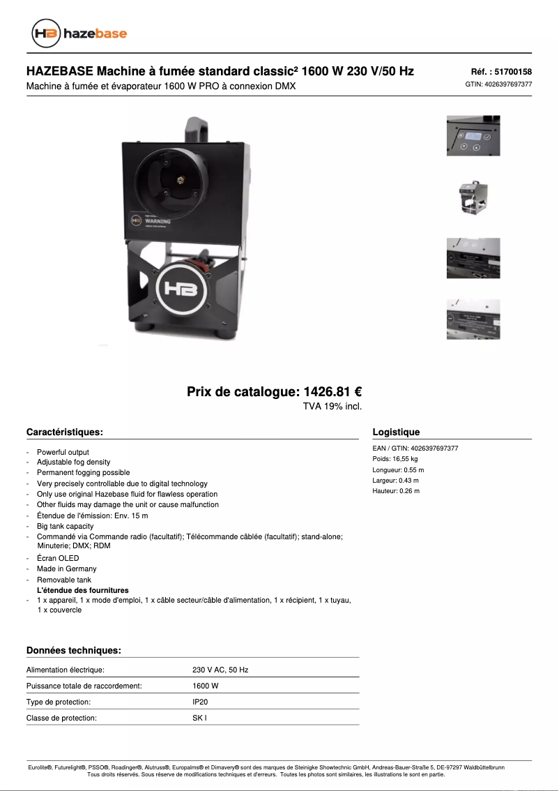 Page 1 of the manual Technical Sheet Hazebase Classic²