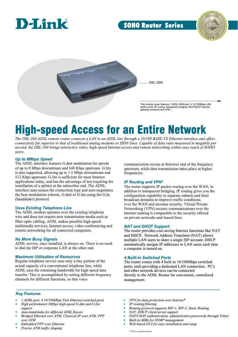 Page 1 de la notice Fiche technique D-Link DSL-504