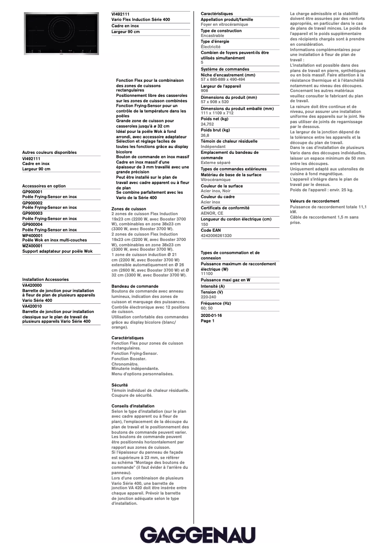 Page 1 de la notice Fiche technique Gaggenau VI492111