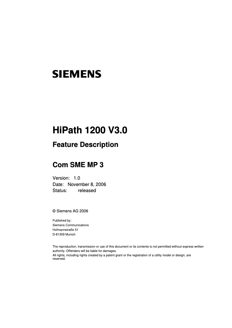 Page 1 de la notice Manuel utilisateur Siemens HiPath 1120 V7