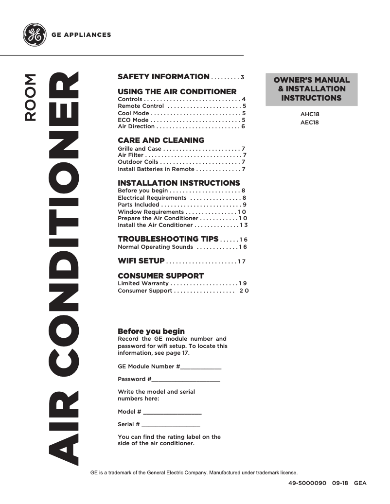 Página 1 del manual Guía de instalación GE AEC18DY