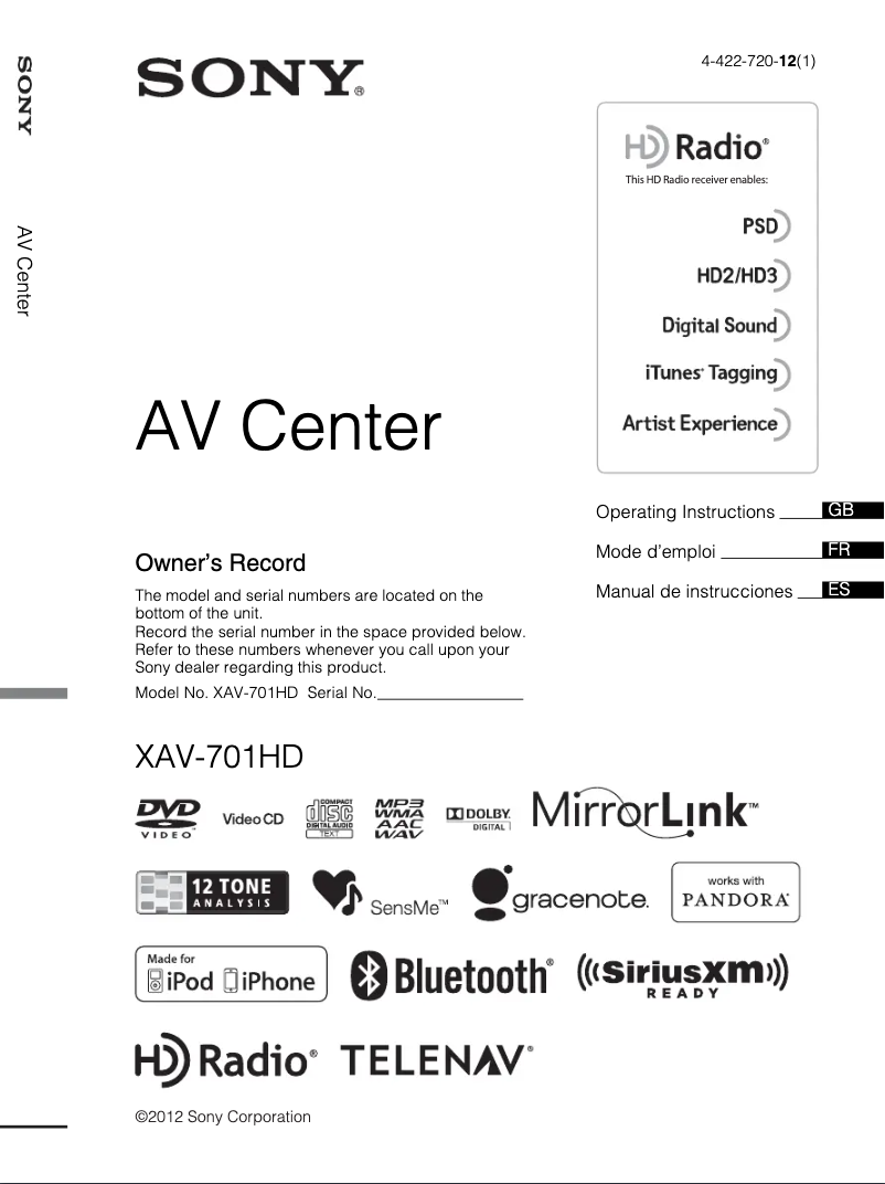 Page 1 de la notice Manuel utilisateur Sony XAV-701HD