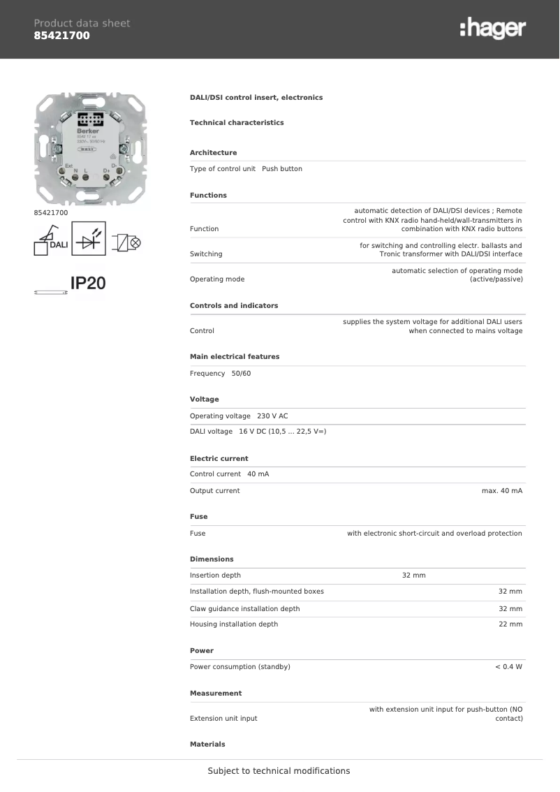 Page 1 de la notice Fiche technique Hager 85421700