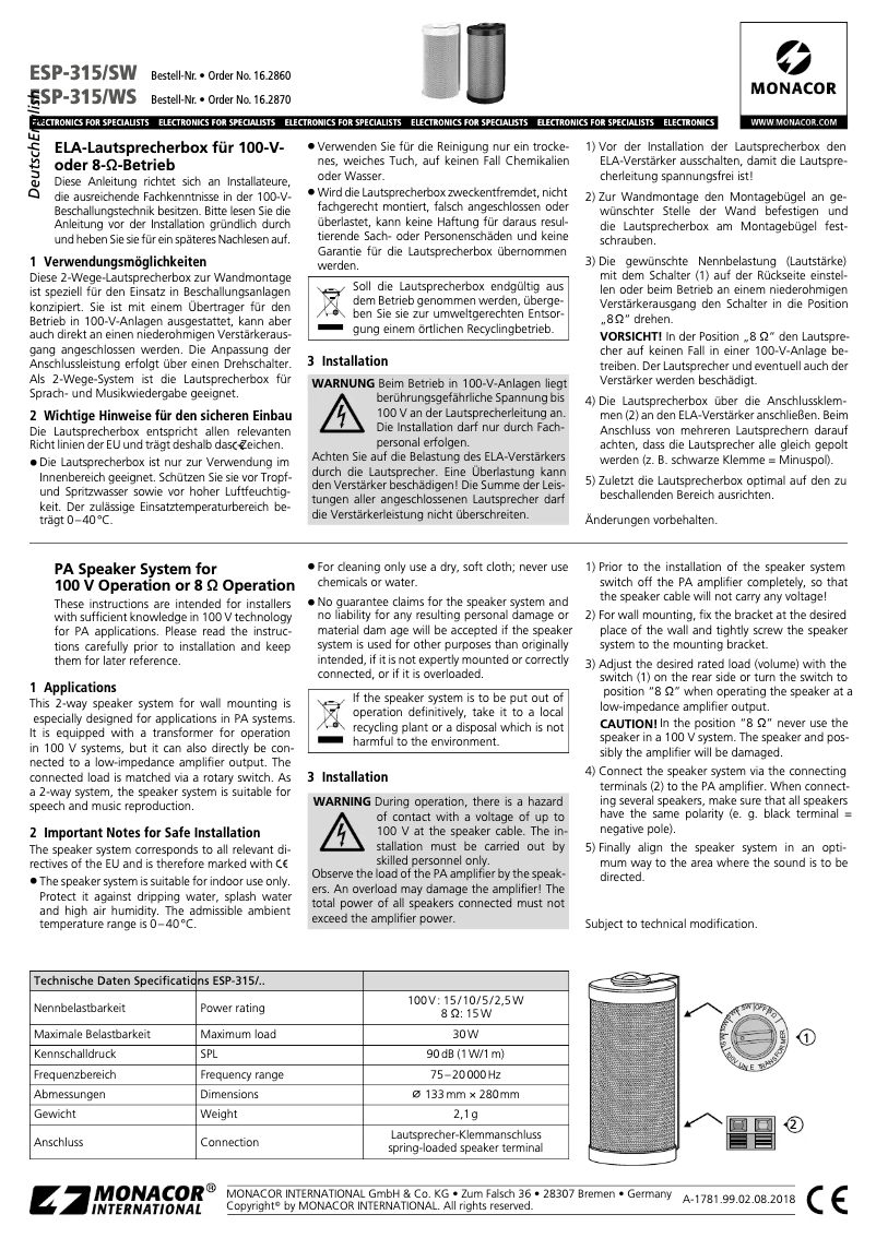 Page 1 de la notice Manuel utilisateur Monacor ESP-315/SW