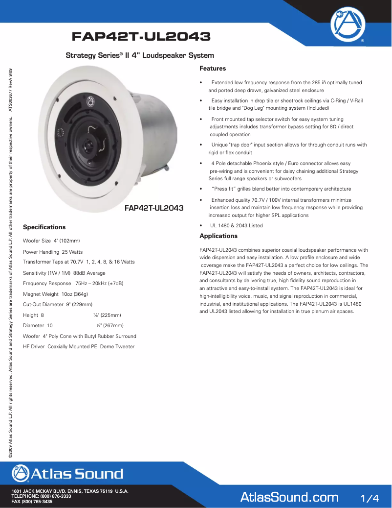 Page 1 de la notice Brochure Atlas Sound FAP42T-UL2043