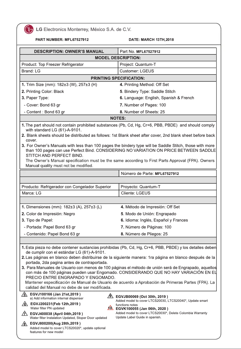 Page 1 de la notice Manuel utilisateur LG LT57BPSX
