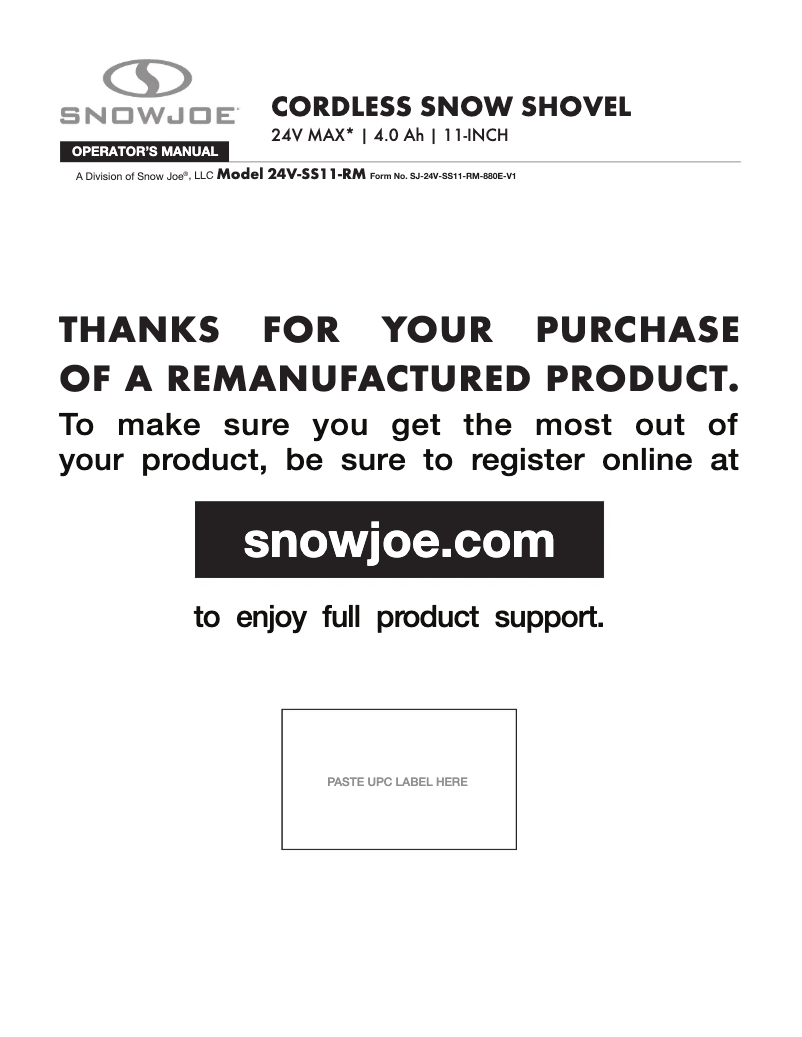Page 1 de la notice Manuel utilisateur Snow Joe 24V-SS11-RM