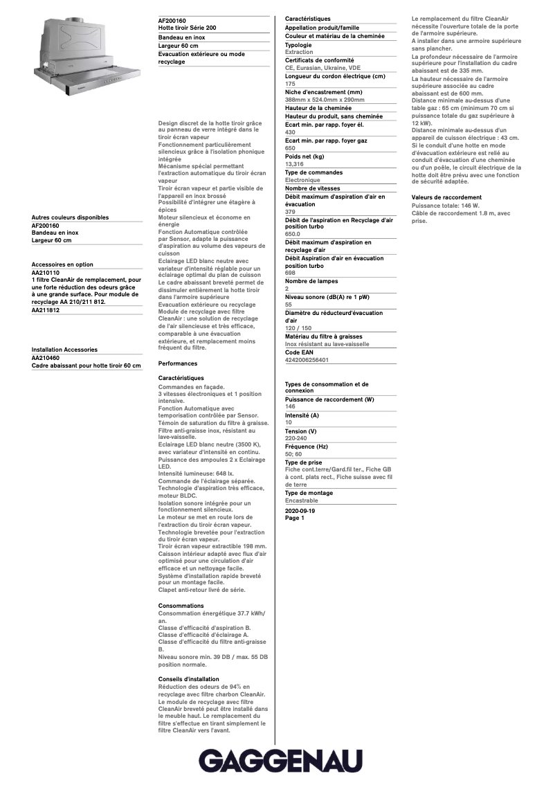 Página 1 del manual Ficha técnica Gaggenau AF200160