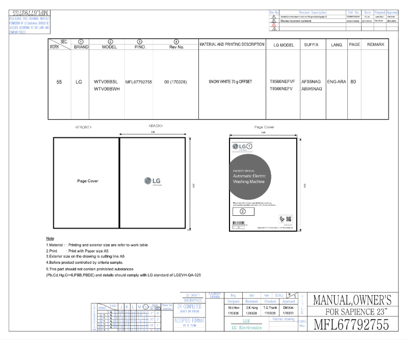 Page 1 de la notice Manuel utilisateur LG WTV09BWH