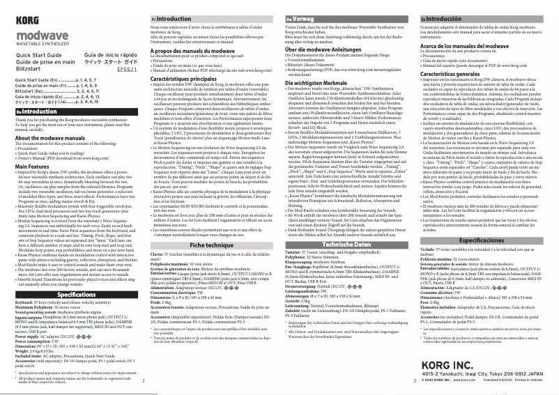 Page 1 de la notice Guide de démarrage rapide Korg Modwave MKII