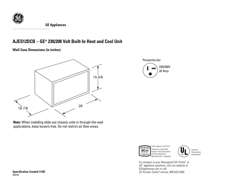 Página 1 del manual Ficha técnica GE AJES12DCB
