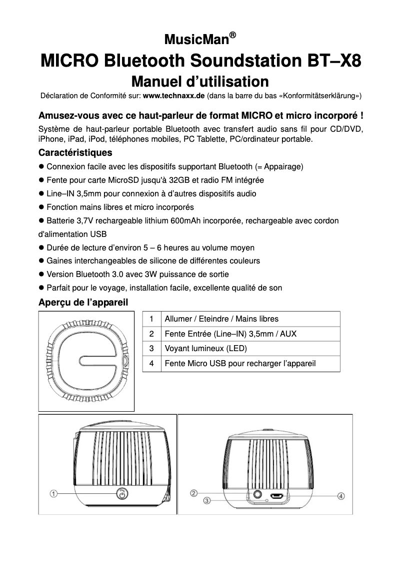 Page 1 de la notice Manuel utilisateur Technaxx Musicman BT-X8