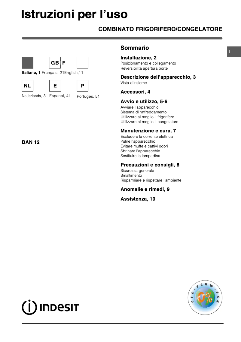 Page 1 de la notice Manuel utilisateur Indesit BAN 12 (0)