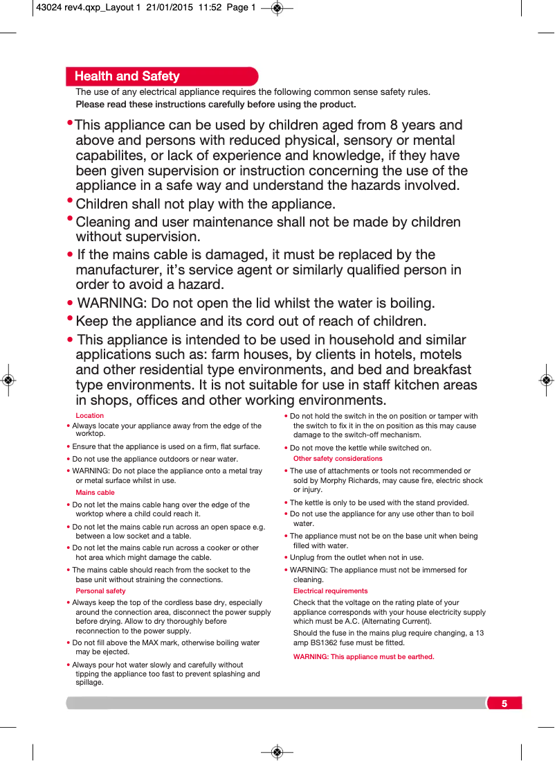 Page 1 de la notice Manuel utilisateur Morphy Richards Essentials 43024