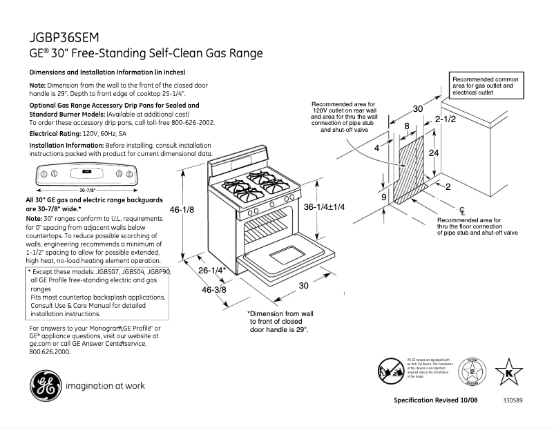 Page 1 de la notice Fiche technique GE JGBP36SEMSS