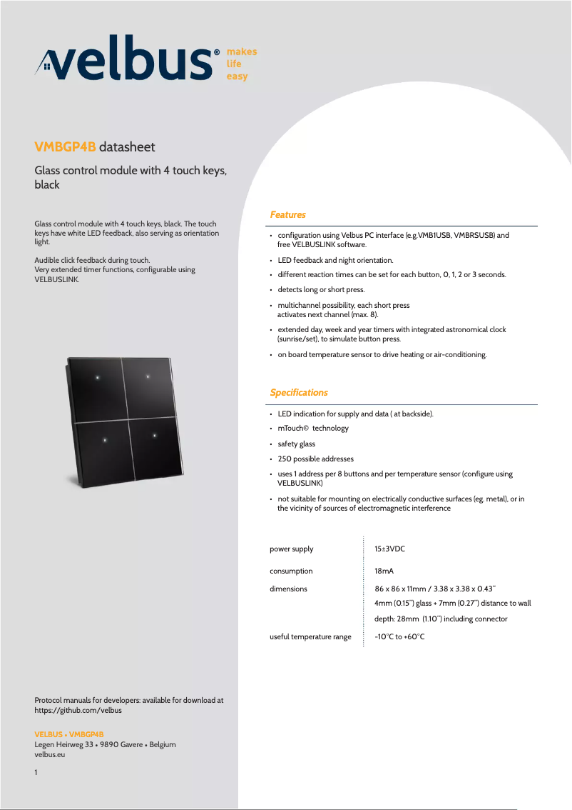 Page 1 de la notice Fiche technique Velbus VMBGP4B