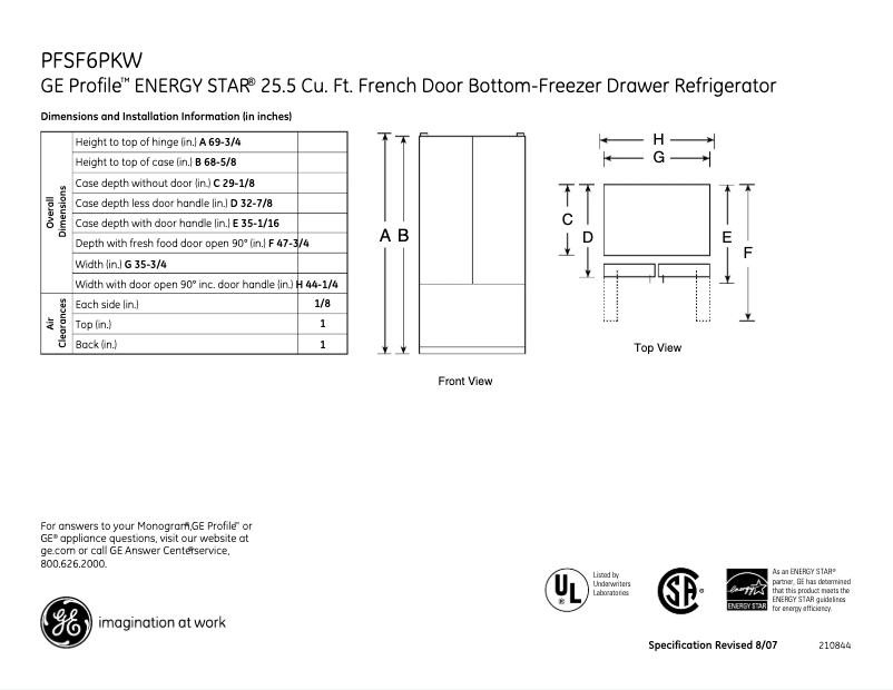 Page n°1 - Fiche technique GE Profile PFSF6PKWBB