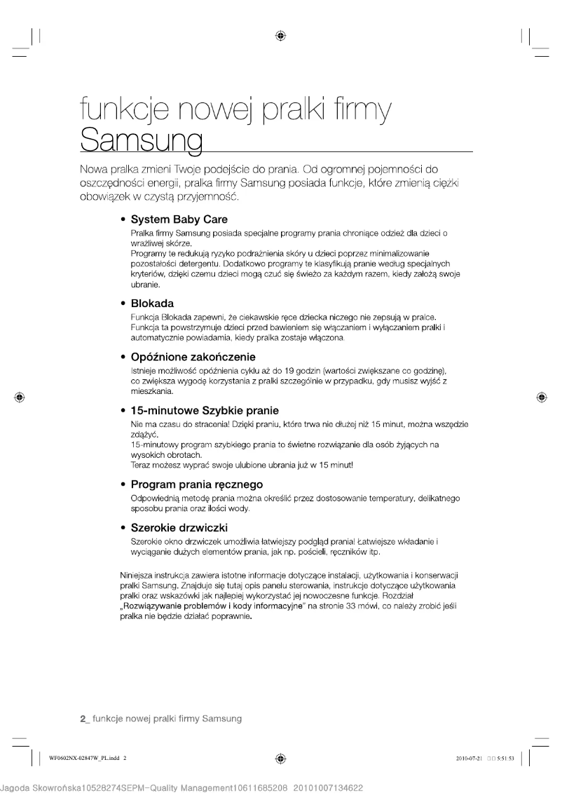 Page 1 de la notice Manuel utilisateur Samsung WF0500NXWG