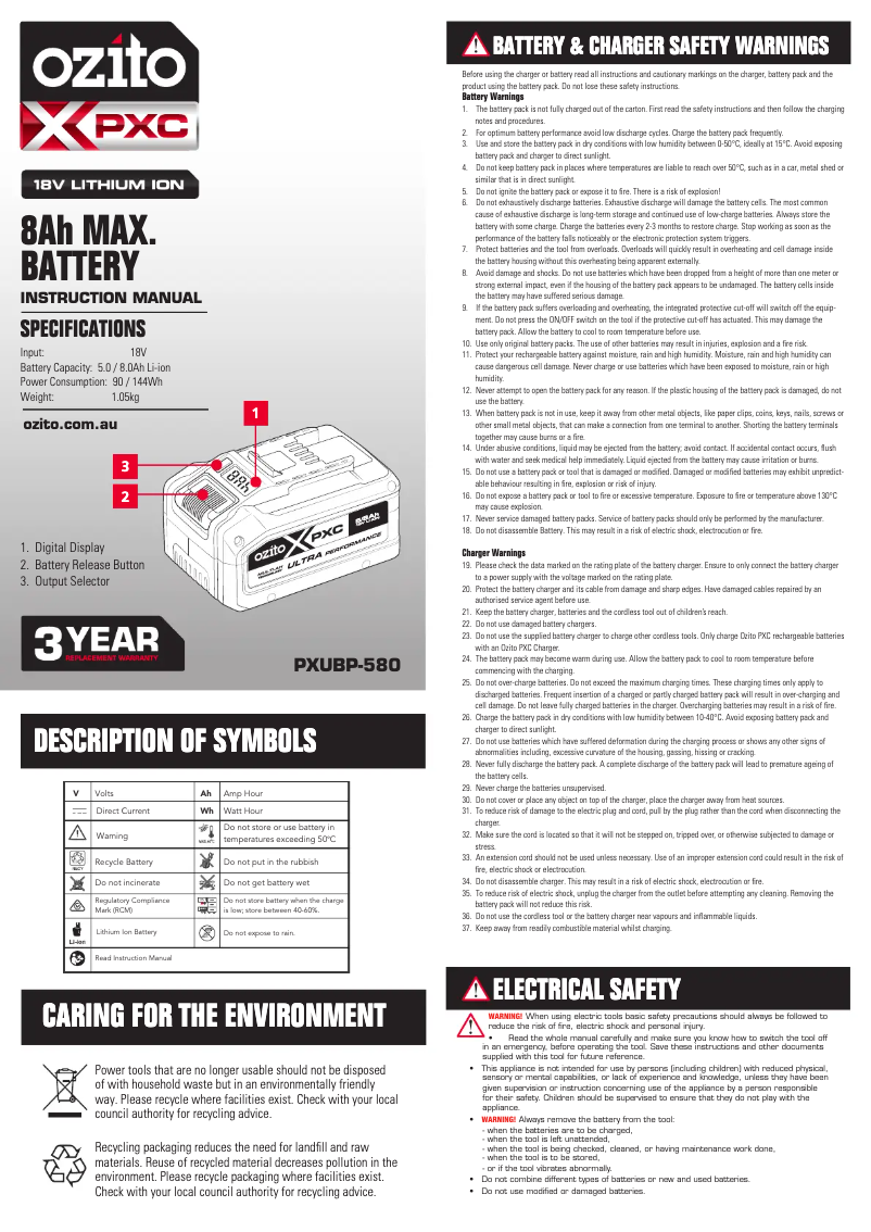 Page 1 de la notice Manuel utilisateur Ozito PXUBP-580