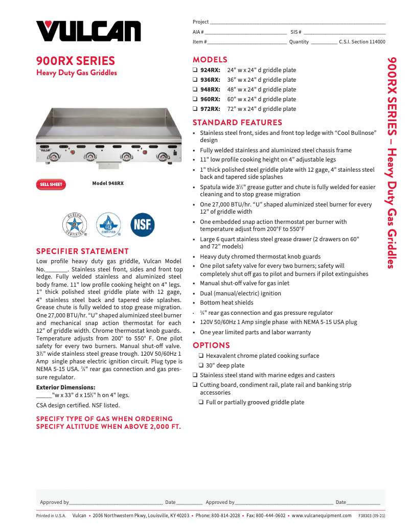 Page 1 de la notice Fiche technique Vulcan 924RX