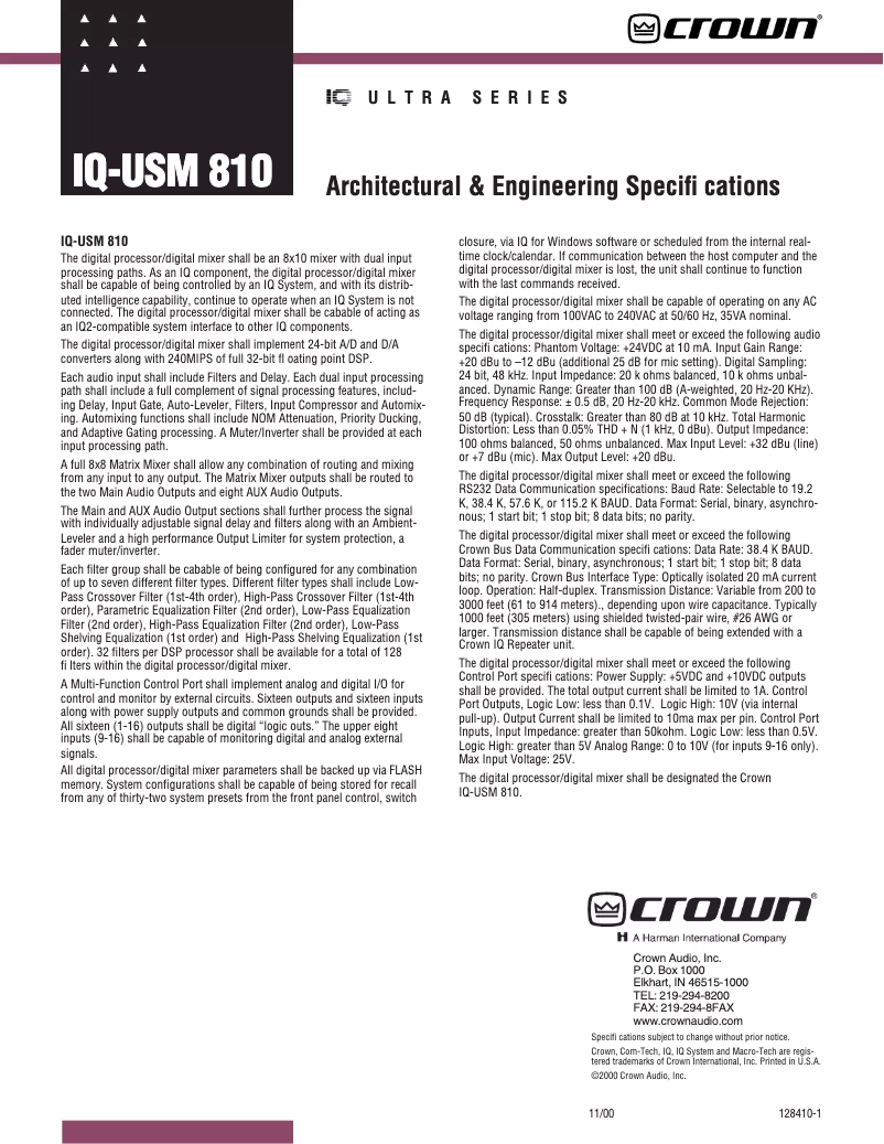 Page 1 de la notice Fiche technique Crown IQ-USM 810