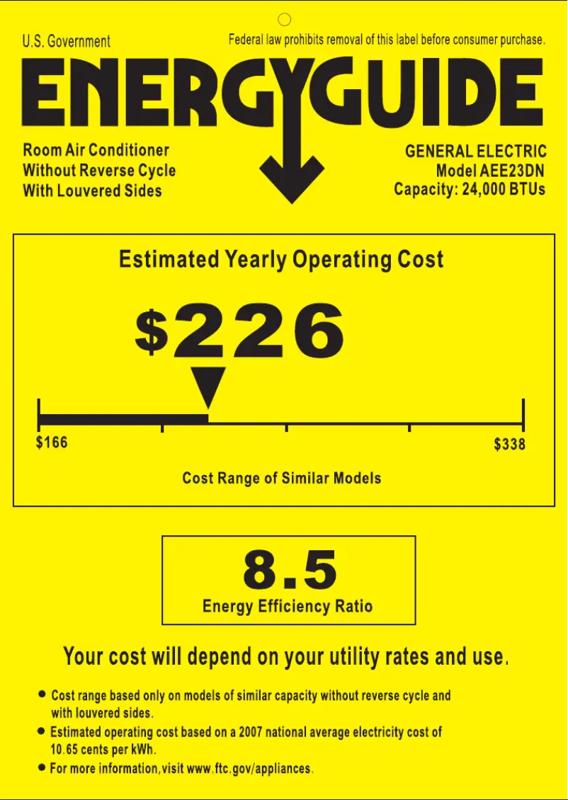 Page 1 of the manual Energy Label GE AEE23DN