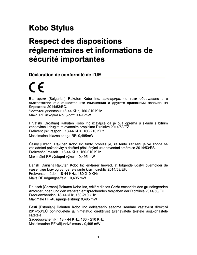 Page 1 de la notice Instructions de sécurité Kobo Stylus