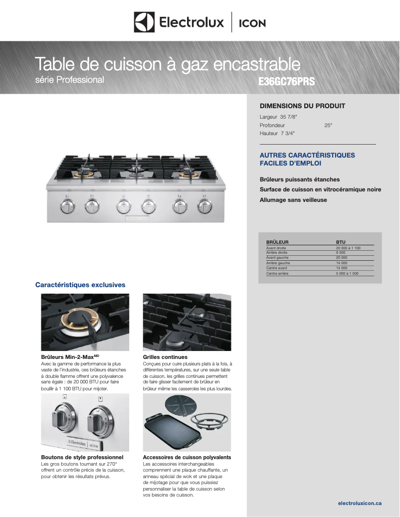 Page 1 de la notice Fiche technique Electrolux E36GC76PRS