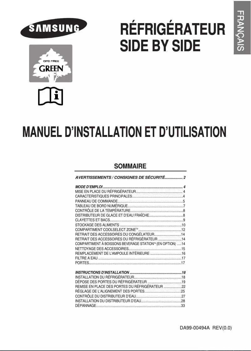 Page 1 de la notice Manuel utilisateur Samsung RS23NANS