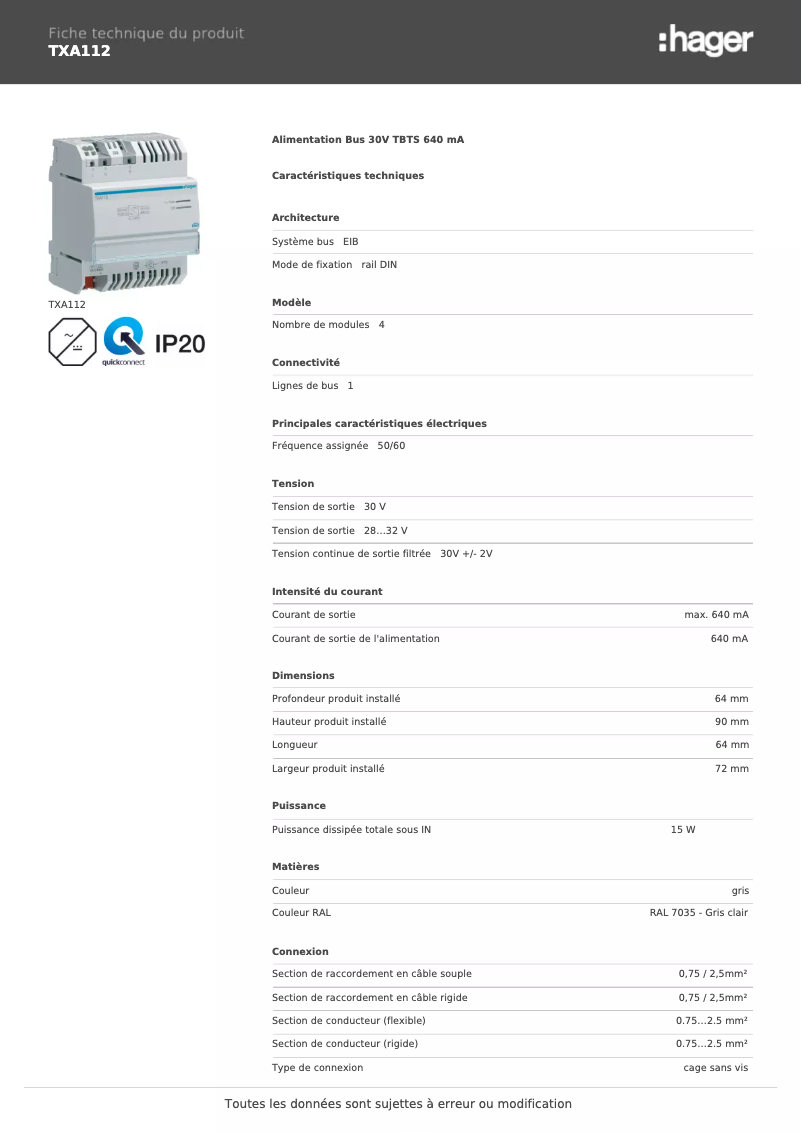 Page 1 of the manual Technical Sheet Hager TXA112