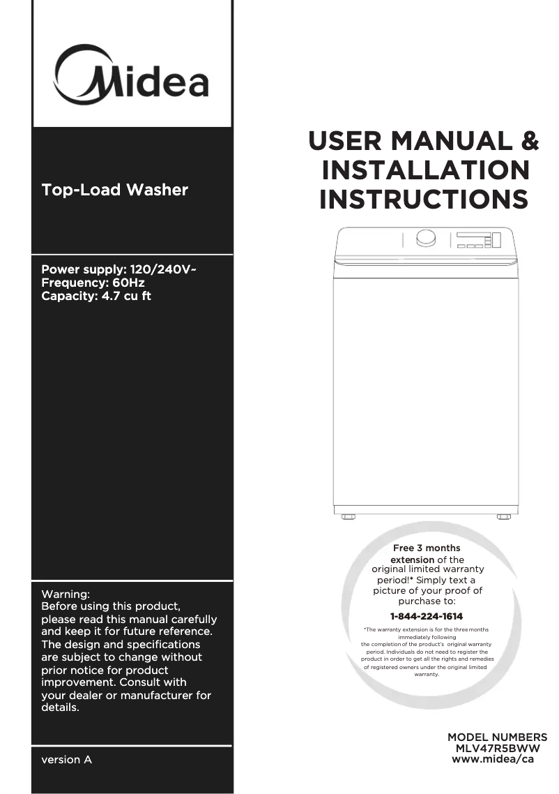 Page 1 de la notice Manuel utilisateur Midea MLV47R5BWW