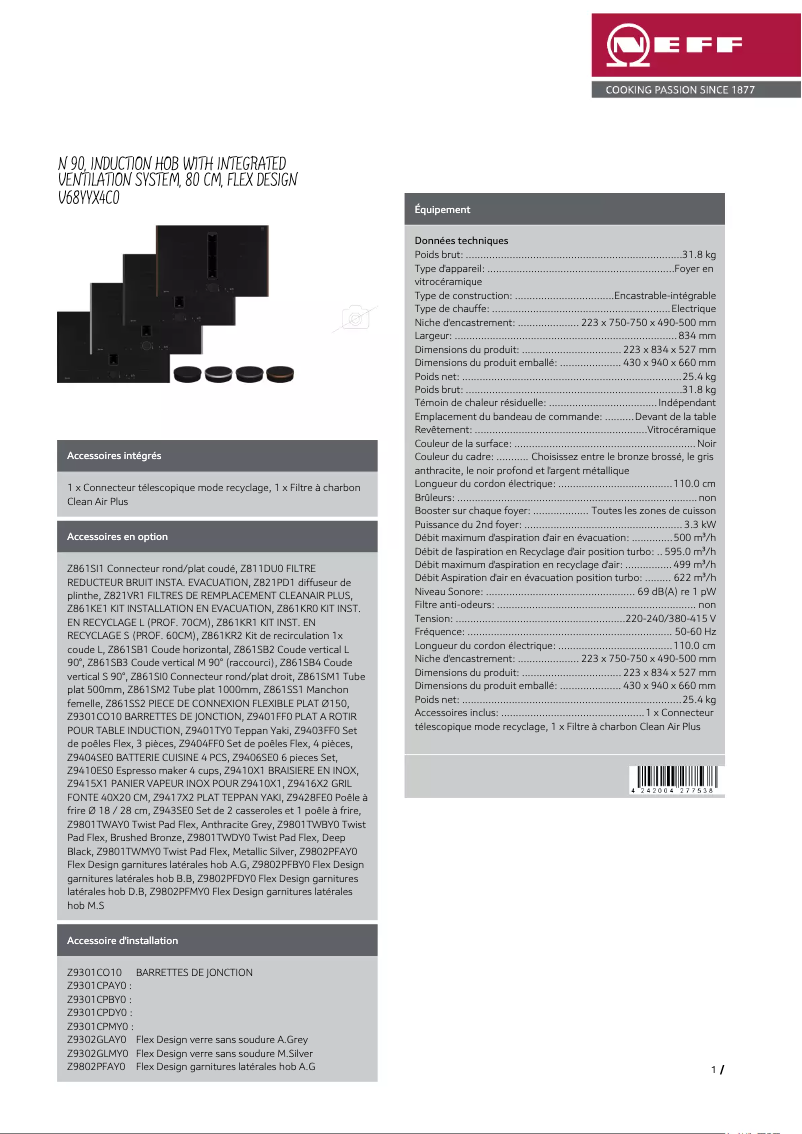 Page 1 of the manual Technical Sheet Neff V68YYX4C0