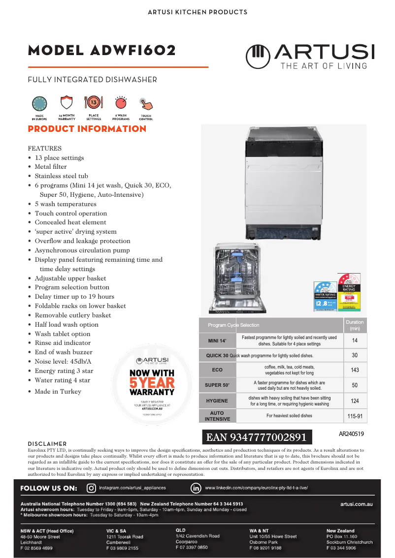 Page 1 of the manual Technical Sheet Artusi ADWFI602