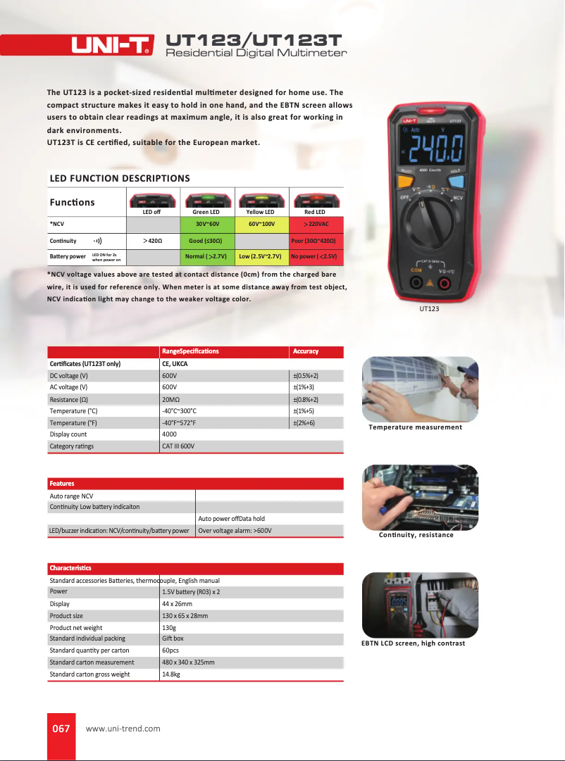 Page 1 de la notice Manuel utilisateur Uni-T UT123T