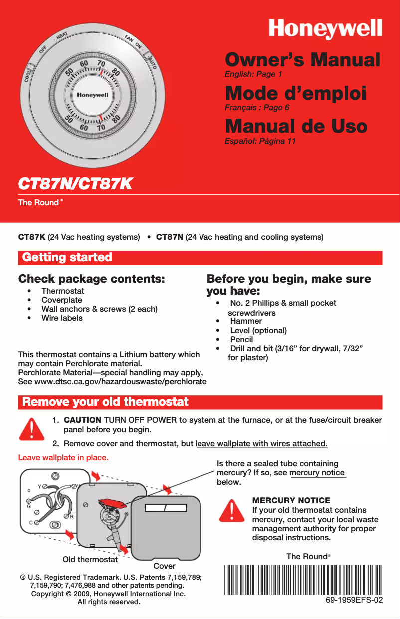 Page 1 de la notice Manuel utilisateur Honeywell CT87K1004/E1