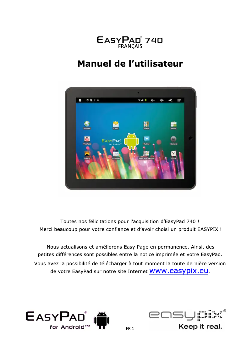 Page 1 de la notice Manuel utilisateur Easypix EasyPad 740