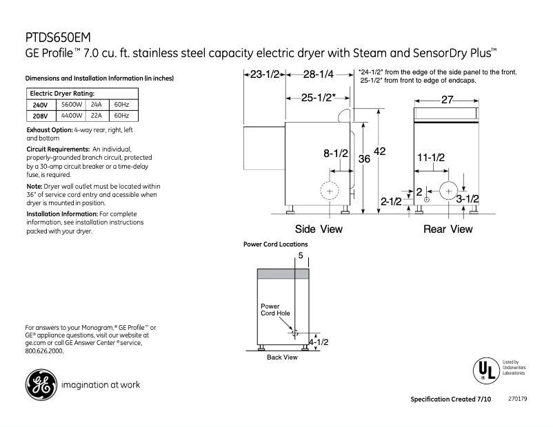 Page 1 of the manual Technical Sheet GE Profile PTDS650EMWT