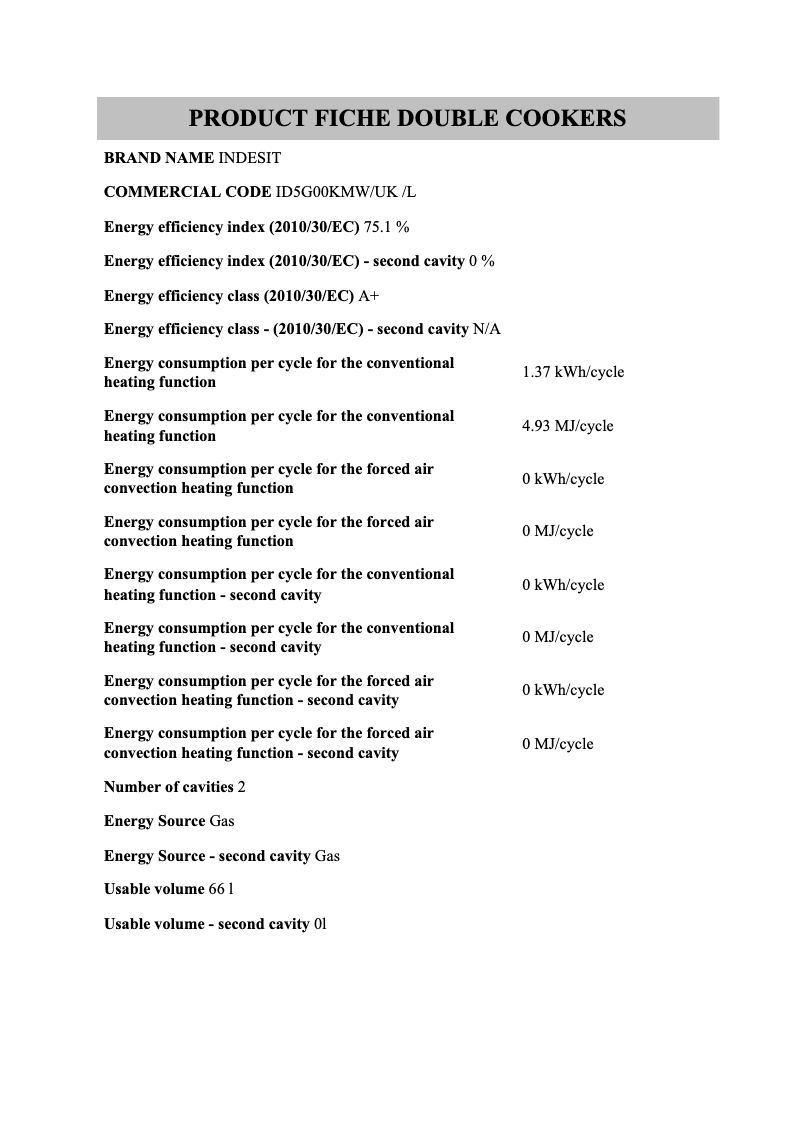 Page n°1 - Fiche technique Indesit ID5G00KMW/UK