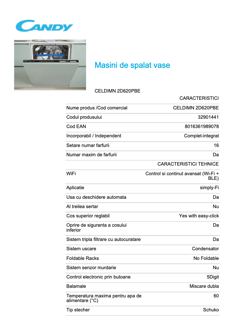 Page 1 of the manual Technical Sheet Candy CELDIMN 2D620PBE