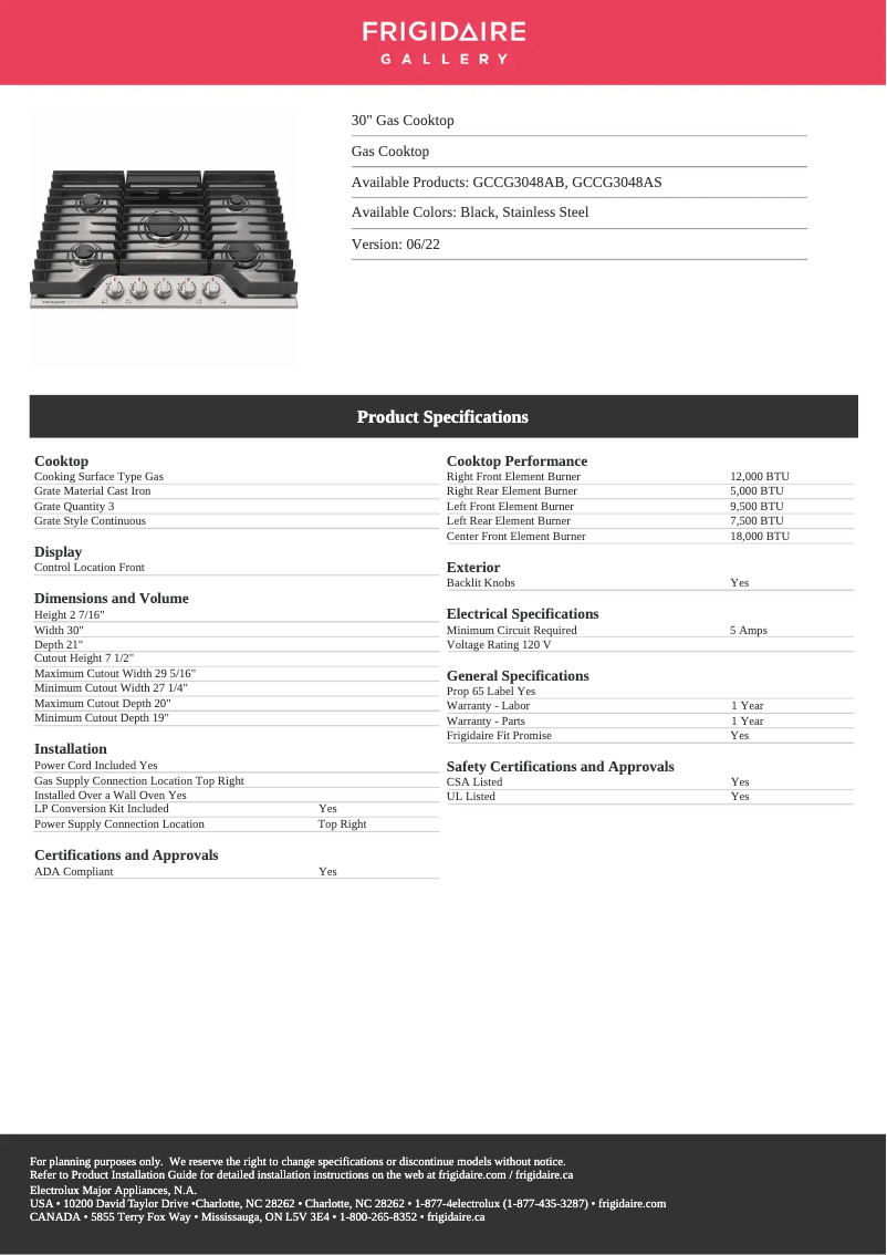 Page 1 de la notice Fiche technique Frigidaire GCCG3048AB