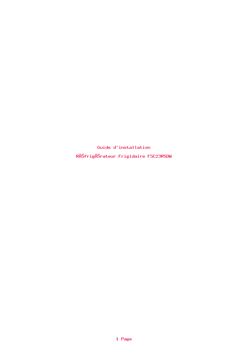 Page 1 de la notice Guide d'installation Frigidaire FSC23R5DW