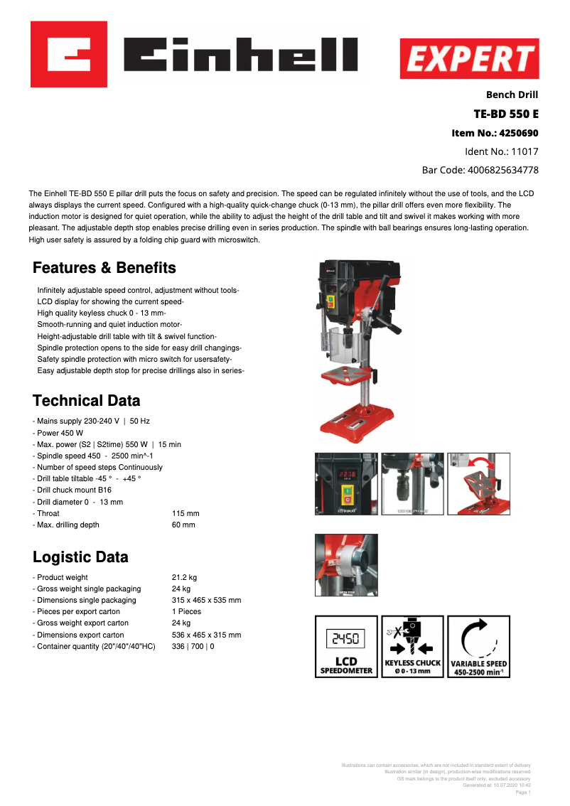 Página 1 del manual Ficha técnica Einhell TE-BD 550 E